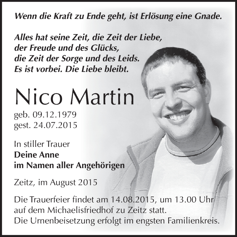  Traueranzeige für Nico Martin vom 08.08.2015 aus Super Sonntag Zeitz