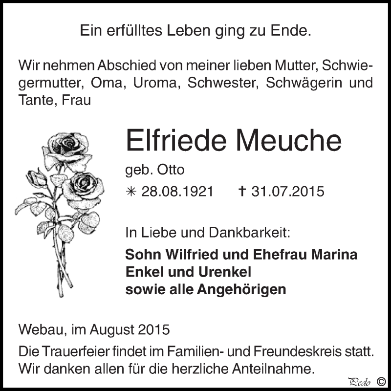  Traueranzeige für Elfriede Meuche vom 12.08.2015 aus WVG - Wochenspiegel NMB / WSF / ZTZ