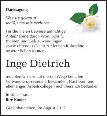 Traueranzeige von Inge Dietrich von Mitteldeutsche Zeitung Wittenberg
