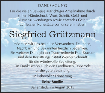 Traueranzeige von Siegfried Grützmann von WVG - Wochenspiegel Quedlinburg