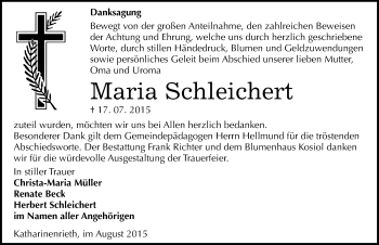 Traueranzeige von Maria Schleichert von Mitteldeutsche Zeitung Sangerhausen