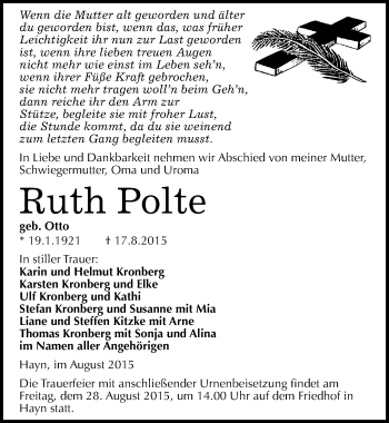 Traueranzeige von Ruth Polte von Mitteldeutsche Zeitung Sangerhausen