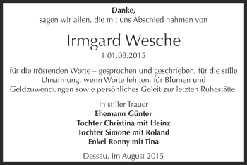 Traueranzeige von Irmgard Wesche von WVG - Wochenspiegel Dessau / Köthen