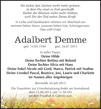 Traueranzeige von Adalbert Demme von Mitteldeutsche Zeitung Merseburg/Querfurt