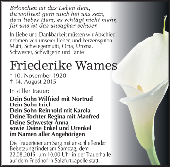 Traueranzeige von Friederike Wames von Mitteldeutsche Zeitung Bitterfeld