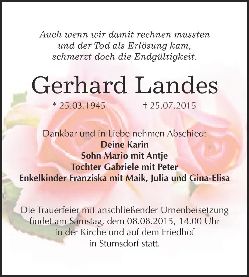  Traueranzeige für Gerhard Landes vom 05.08.2015 aus WVG - Wochenspiegel Bitterfeld