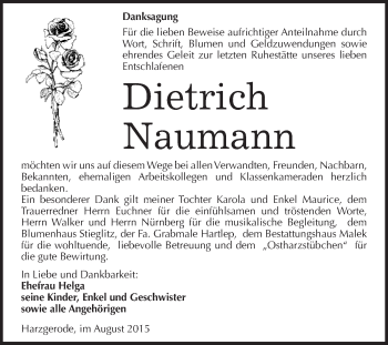 Traueranzeige von Dietrich Naumann von WVG - Wochenspiegel Quedlinburg