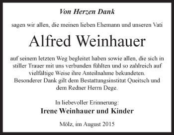 Traueranzeige von Alfred Weinhauer von WVG - Wochenspiegel Dessau / Köthen