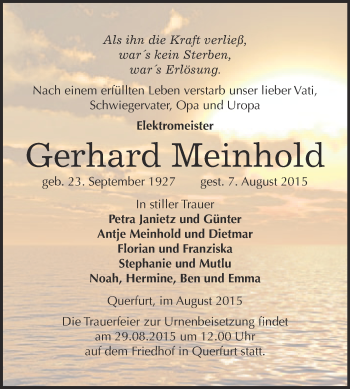 Traueranzeige von Gerhard Meinhold von WVG - Wochenspiegel Merseburg