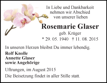 Traueranzeige von Rosemarie Glaser von Super Sonntag SGH Mansf. Land