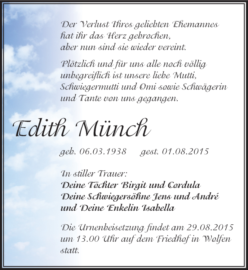  Traueranzeige für Edith Münch vom 08.08.2015 aus Mitteldeutsche Zeitung Bitterfeld