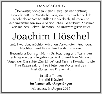 Traueranzeige von Joachim Höschel von Mitteldeutsche Zeitung Merseburg/Querfurt