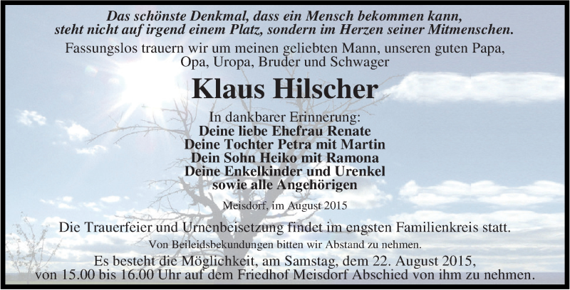  Traueranzeige für Klaus Hilscher vom 15.08.2015 aus Super Sonntag Aschersleben