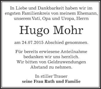 Traueranzeige von Hugo Mohr von Super Sonntag Zeitz