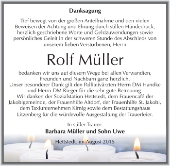 Traueranzeige von Rolf Müller von Mitteldeutsche Zeitung Mansfelder Land