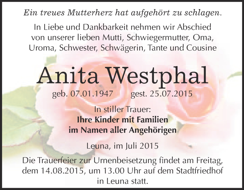  Traueranzeige für Anita Westphal vom 08.08.2015 aus WVG - Wochenspiegel Merseburg