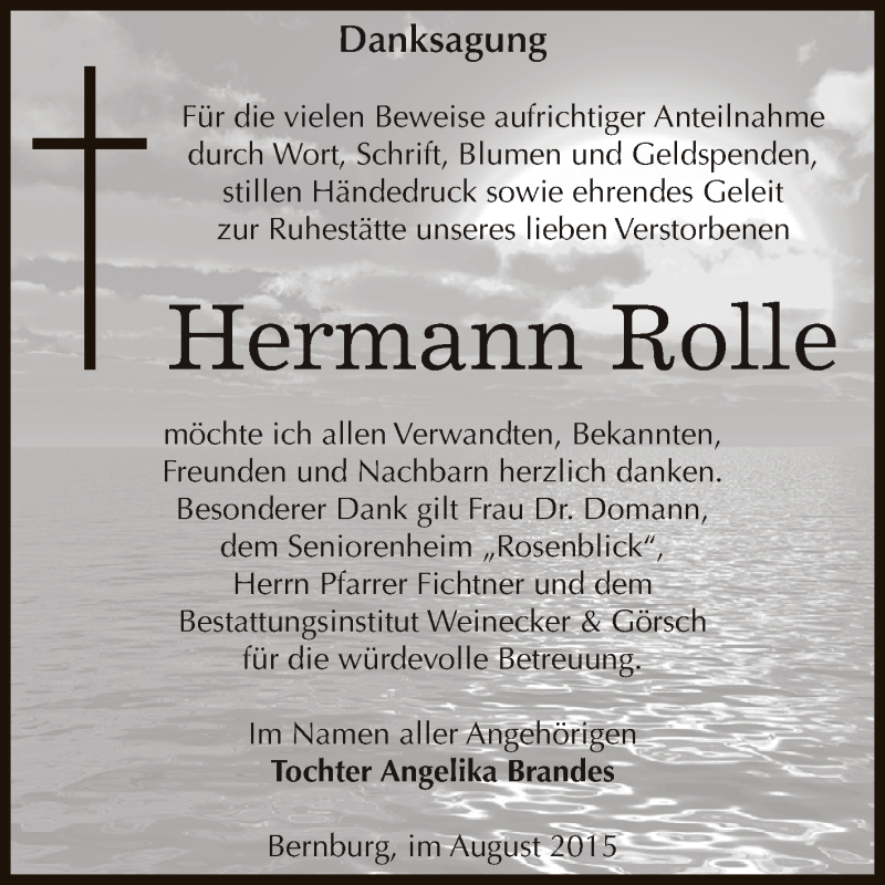  Traueranzeige für Hermann Rolle vom 01.08.2015 aus Super Sonntag Bernburg