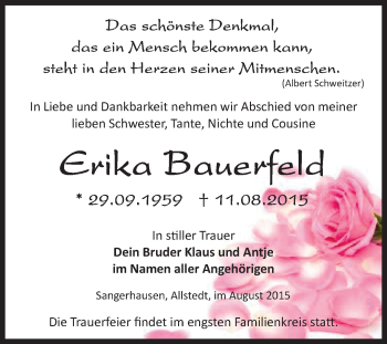 Traueranzeige von Erika Bauerfeld von Super Sonntag SGH Mansf. Land