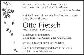 Traueranzeige von Otto Pietsch von Super Sonntag Zeitz