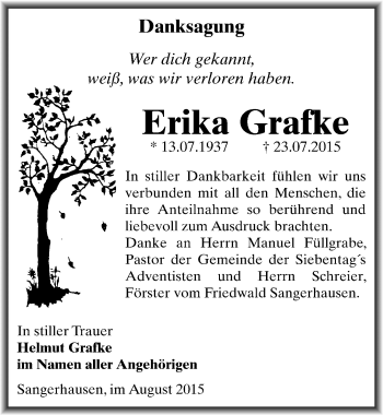 Traueranzeige von Erika Grafke von Mitteldeutsche Zeitung Sangerhausen