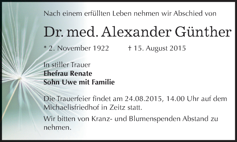  Traueranzeige für Alexander Günther vom 20.08.2015 aus Mitteldeutsche Zeitung Zeitz