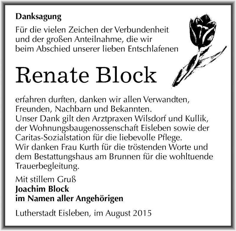  Traueranzeige für Renate Block vom 29.08.2015 aus Mitteldeutsche Zeitung Mansfelder Land