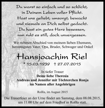 Traueranzeige von Hansjoachim Riel von Mitteldeutsche Zeitung Sangerhausen