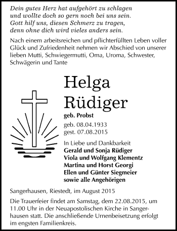 Traueranzeige von Helga Rüdiger von Mitteldeutsche Zeitung Sangerhausen