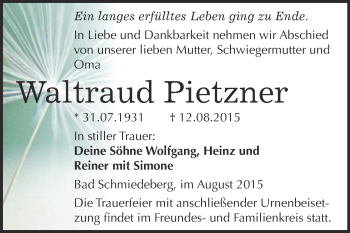Traueranzeige von Waltraud Pietzner von WVG - Wochenspiegel Wittenberg