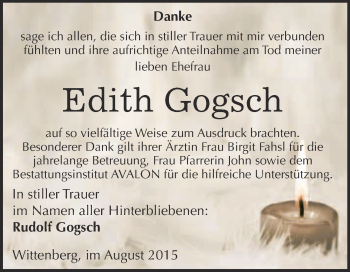 Traueranzeige von Edith Gogsch von WVG - Wochenspiegel Merseburg