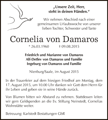 Traueranzeige von Cornelia von Damaros von Super Sonntag Bernburg