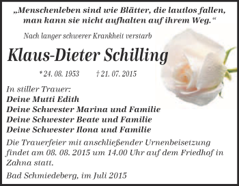 Traueranzeige von Klaus-Dieter Schilling von Super Sonntag Wittenberg