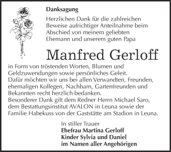 Traueranzeige von Manfred Gerloff von WVG - Wochenspiegel Merseburg