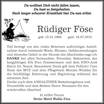 Traueranzeige von Rüdiger Föse von WVG - Wochenspiegel Dessau / Köthen