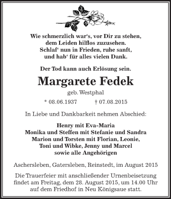 Traueranzeige von Margarete Fedek von Super Sonntag Aschersleben