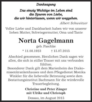 Traueranzeige von Norta Gagelmann von WVG - Wochenspiegel Dessau / Köthen