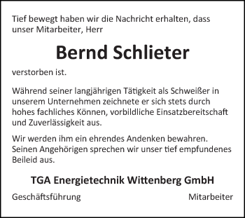 Traueranzeige von Bernd Schlieter von Super Sonntag Wittenberg