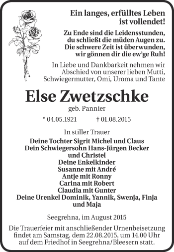 Traueranzeige von Else Zwetzschke von WVG - Wochenspiegel Wittenberg