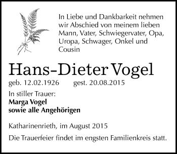 Traueranzeige von Hans-Dieter Vogel von Mitteldeutsche Zeitung Sangerhausen