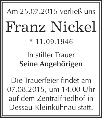 Traueranzeige von Franz Nickel von WVG - Wochenspiegel Dessau / Köthen