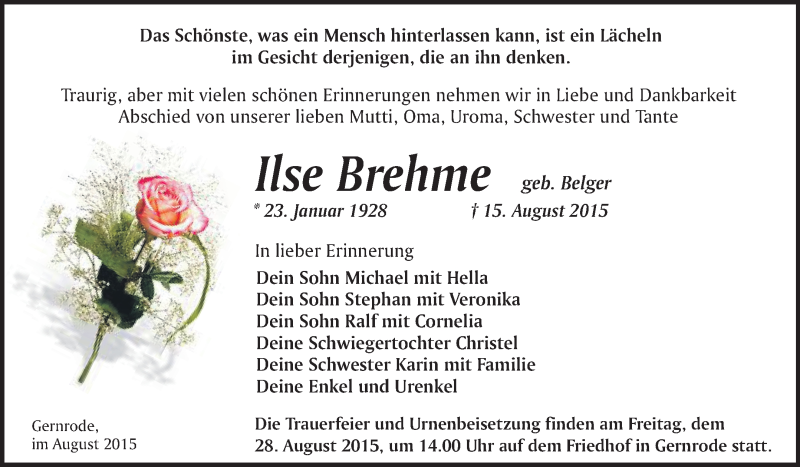  Traueranzeige für Ilse Brehme vom 22.08.2015 aus WVG - Wochenspiegel Quedlinburg