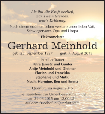 Traueranzeige von Gerhard Meinhold von Mitteldeutsche Zeitung Merseburg/Querfurt