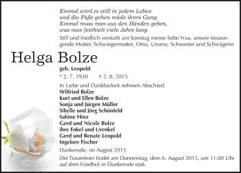 Traueranzeige von Helga Bolze von Mitteldeutsche Zeitung Quedlinburg