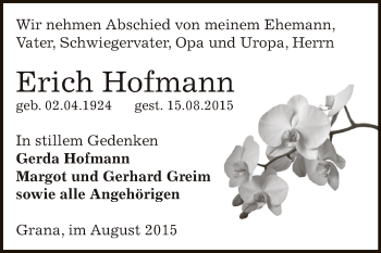Traueranzeige von Erich Hofmann von Super Sonntag Zeitz