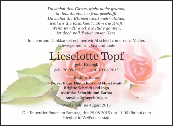 Traueranzeige von Lieselotte Topf von WVG - Wochenspiegel NMB / WSF / ZTZ