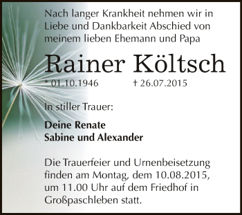 Traueranzeige von Rainer Költsch von WVG - Wochenspiegel Dessau / Köthen