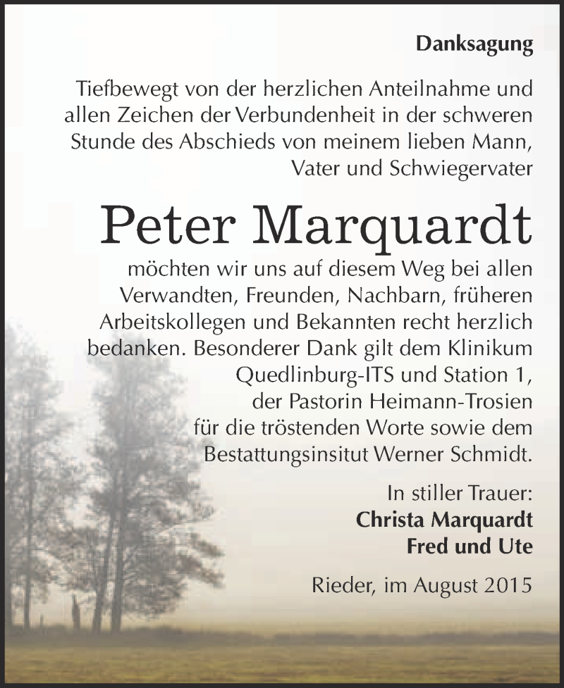  Traueranzeige für Peter Marquardt vom 22.08.2015 aus WVG - Wochenspiegel Quedlinburg