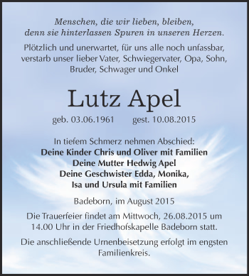 Traueranzeige von Lutz Apel von WVG - Wochenspiegel Quedlinburg