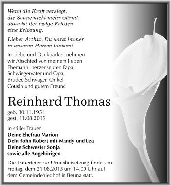 Traueranzeige von Reinhard Thomas von Mitteldeutsche Zeitung Merseburg/Querfurt