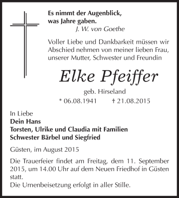 Traueranzeige von Elke Pfeiffer von Super Sonntag Bernburg